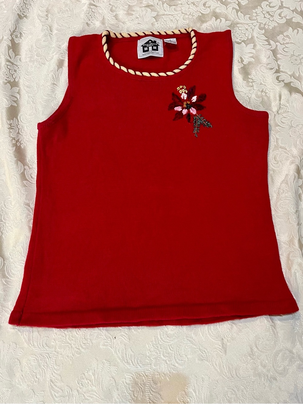Storybook Knits Holiday Floral Tank Red Poinsettia Vintage Sweater Vest Small S